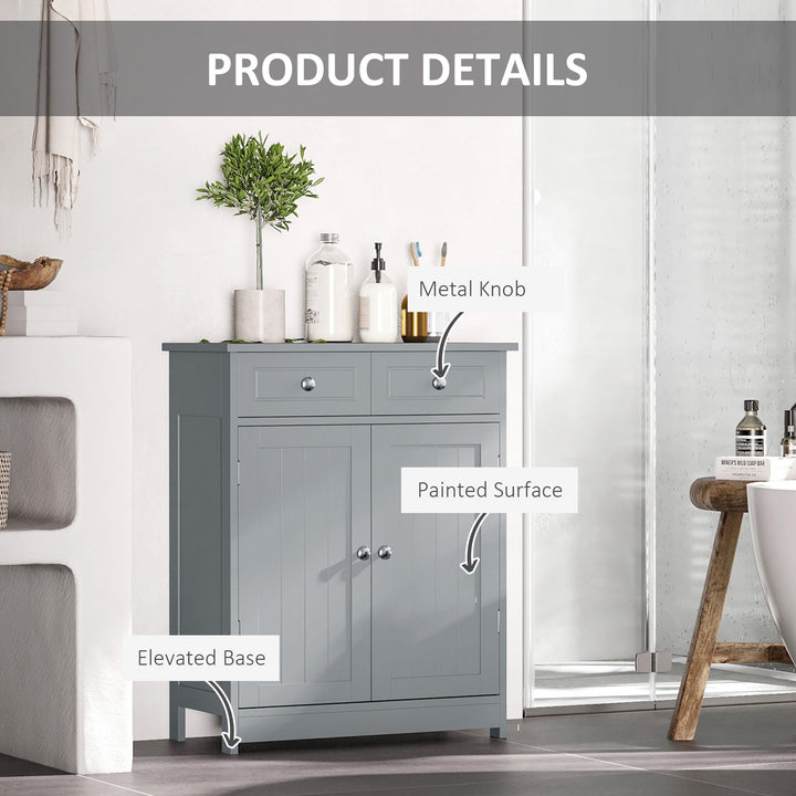 Kleankin Traditional Style Bathroom Storage Cabinet, Free-Standing Unit with 2 Drawers, Cupboard and Adjustable Shelf, 75x60cm, Grey