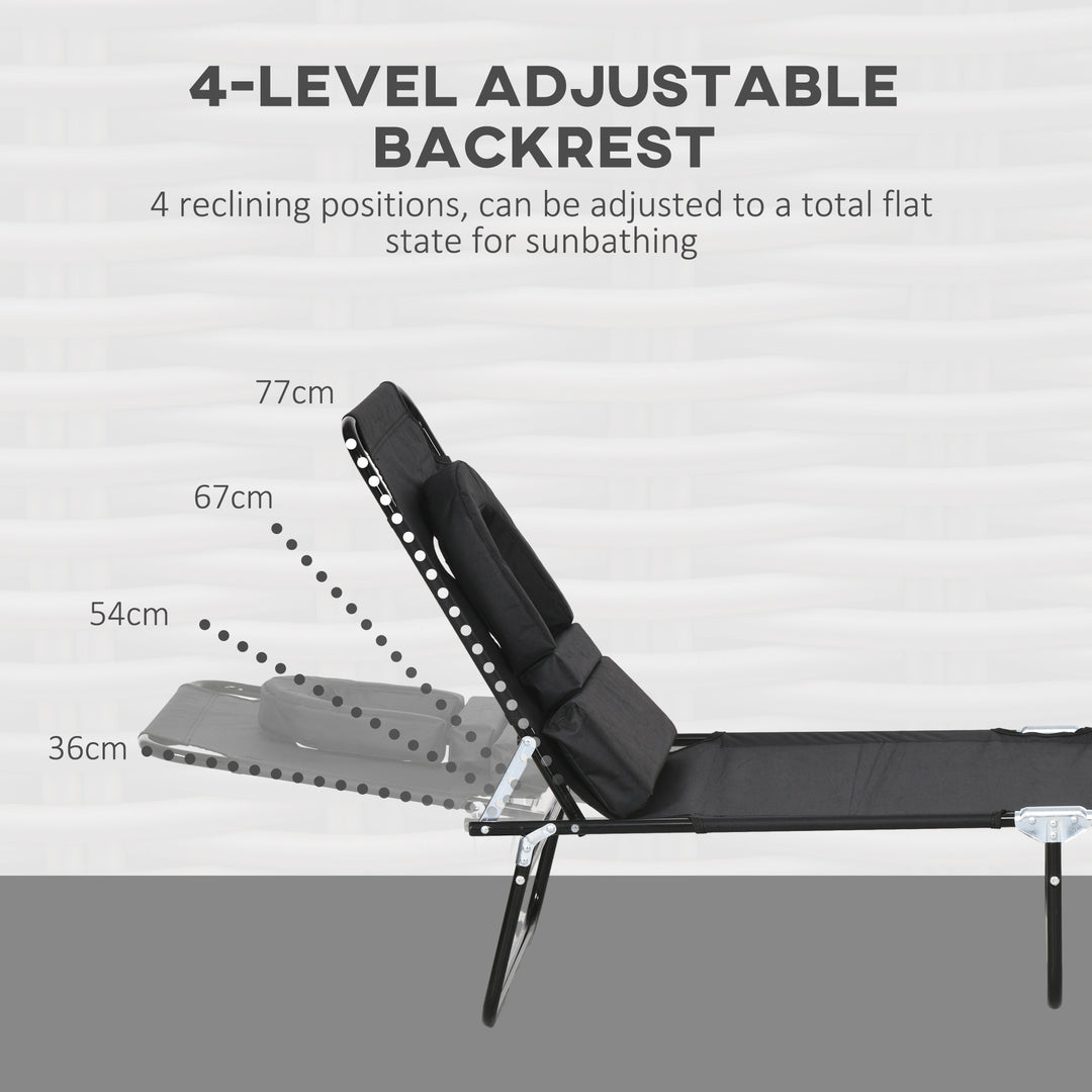 Outdoor Folding Sun Lounger Set of 2 with Face Hole, 4 Level Adjustable Backrest Reclining Garden Lounger, Garden Recliner Sunbed with 600 D Oxford Cloth Seat and Pillow for Beach, Black