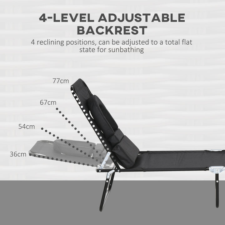 Outdoor Folding Sun Lounger Set of 2 with Face Hole, 4 Level Adjustable Backrest Reclining Garden Lounger, Garden Recliner Sunbed with 600 D Oxford Cloth Seat and Pillow for Beach, Black