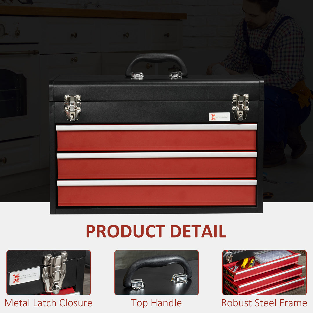 3 Drawer Tool Chest, Lockable Metal Tool Box with Ball Bearing Runners, Portable Toolbox, 510mm x 220mm x 320mm, Black