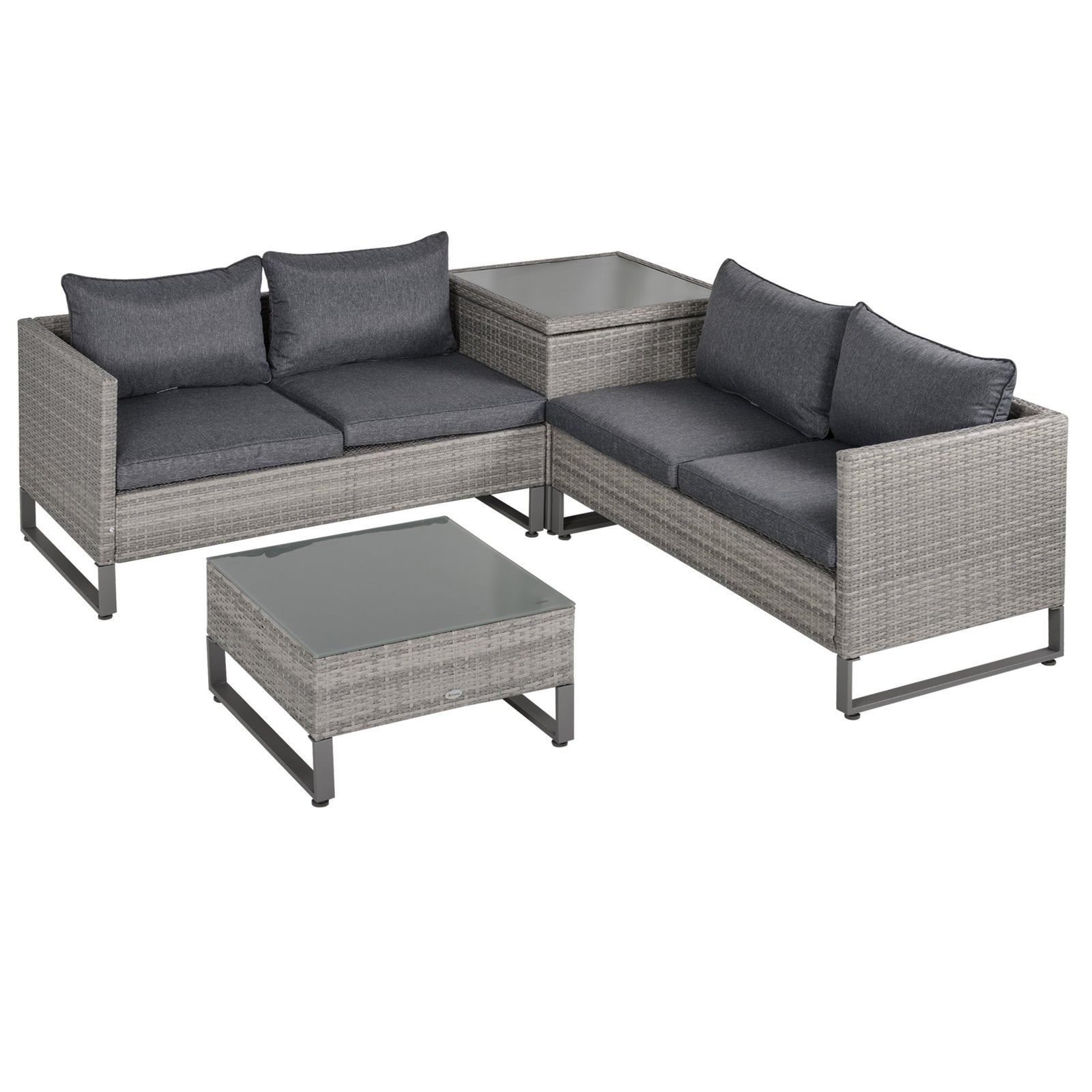 4 Pieces Rattan Garden Furniture Set, 4 Seater Garden Sofa Set with Storage Box, Loveseats and Glass Top Table, Wicker Outdoor Conservatory Furniture with Cushions for Outdoor, Patio, Grey