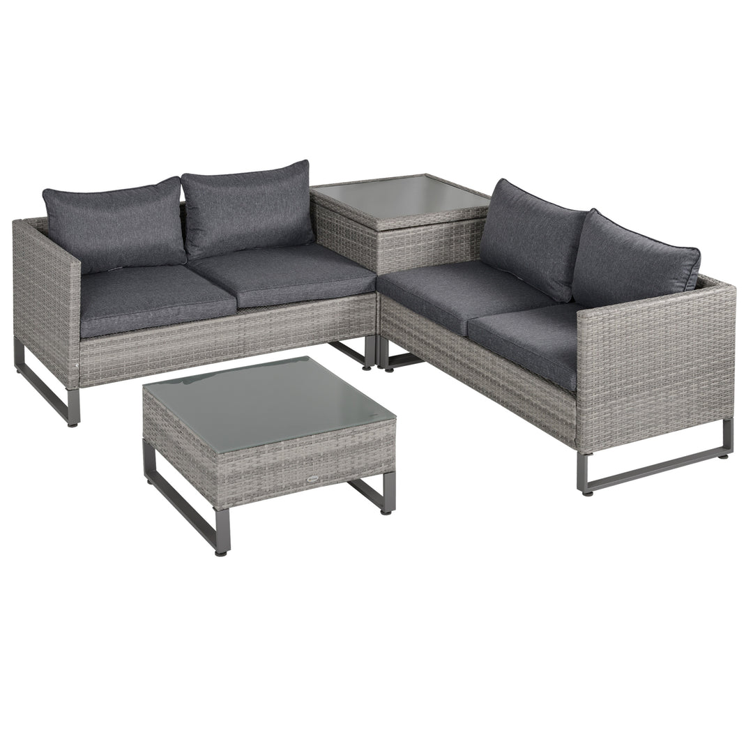 MCL 4 Pieces Rattan Garden Furniture Set, 4 Seater Garden Sofa Set with Storage Box, Loveseats and Glass Top Table, Wicker Outdoor Conservatory Furniture with Cushions for Outdoor, Patio, Grey