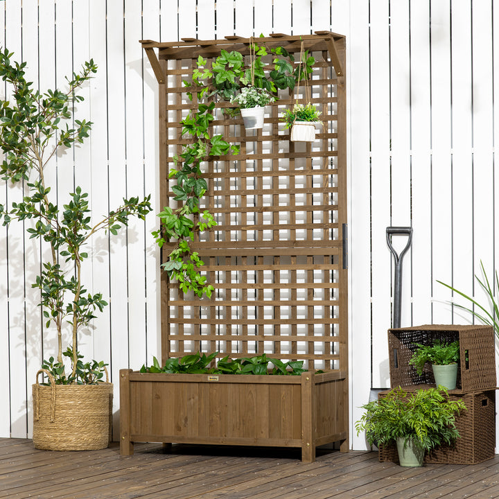 Raised Bed with Drainage Holes, Wood Planter with Trellis for Climbing Plants to Grow Vegetables, Flowers, Brown