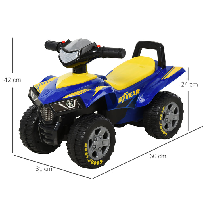 Baby Quad Bike Kids Ride On Car Goodyear Licensed Walker Foot To Floor Slider NO POWER w/ Lights Horn Storage Blue for 18-36 Months
