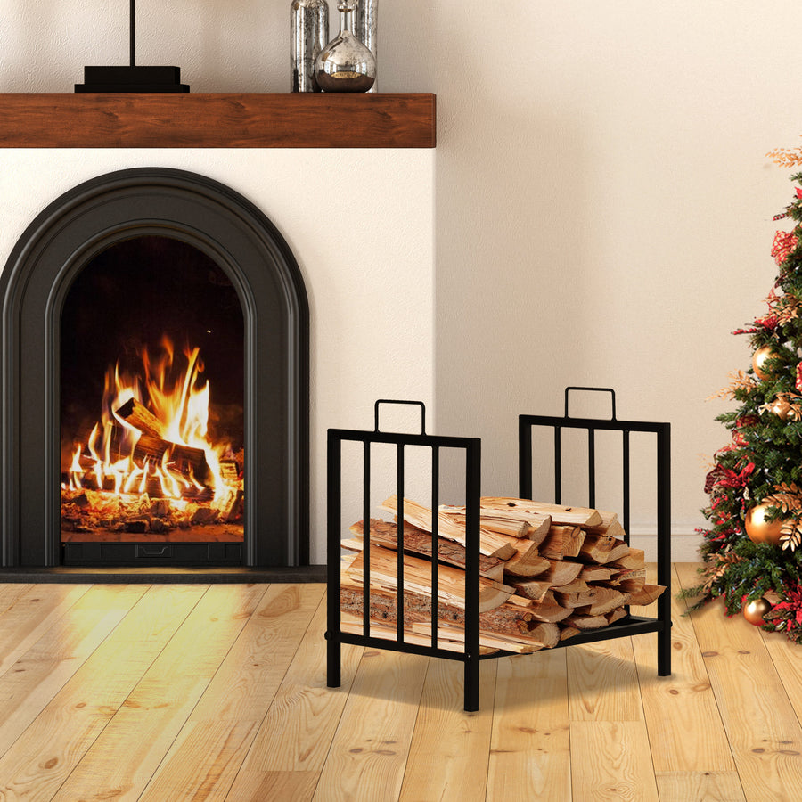 Metal Firewood Log Holder Indoor Outdoor Firewood Rack Fireplace Wood Storage Shelf w/ Handles, Rust-Resistant, Black, 39L x 32.5W x 46Hcm