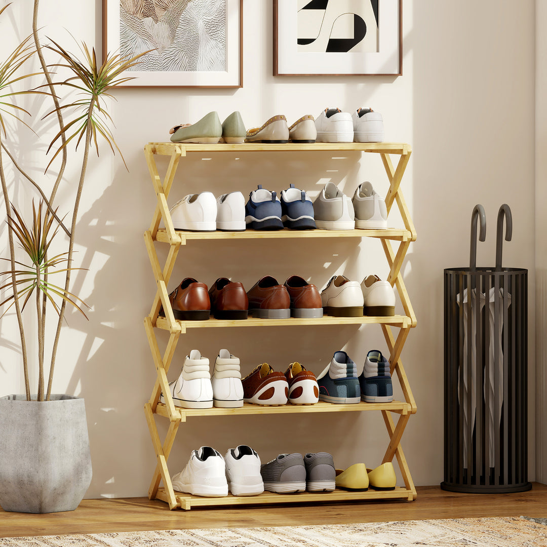 Five-Tier Folding Bamboo Shoe Rack - Natural Finish