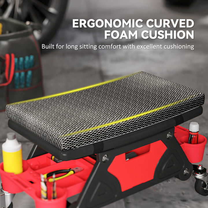 Rolling Mechanic Stool, 135kg Capacity Workshop Stool, 360° Swivel Roller Padded Creeper Seat with Wheels, Slide Out Tool Trays and Drawer for Garage, Shop, Auto Repair, Black
