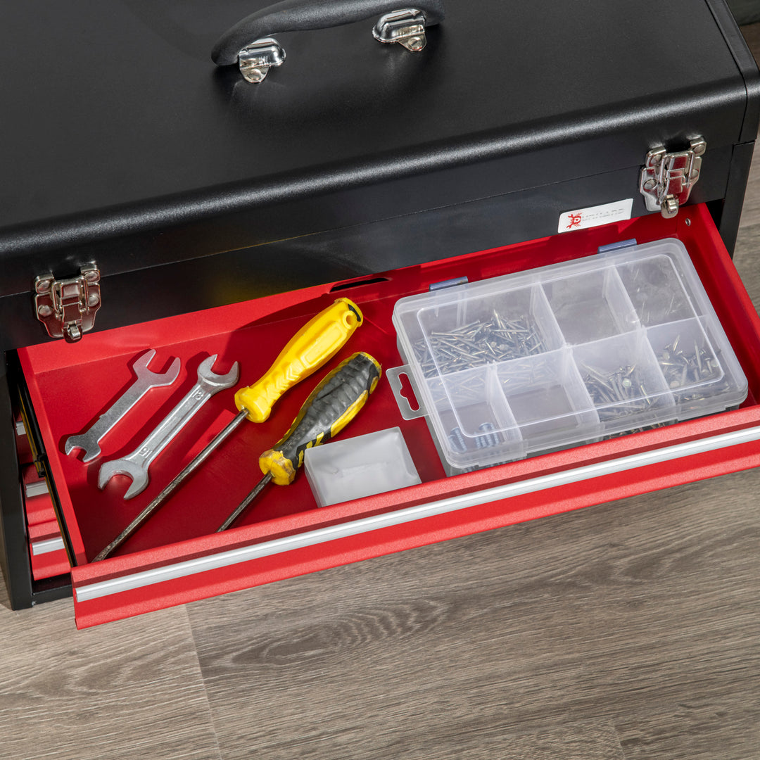4 Drawer Tool Chest, Lockable Metal Tool Box with Ball Bearing Runners, Portable Toolbox, 510mm x 220mm x 395mm, Black