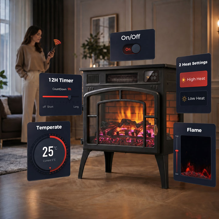 Smart Electric Fireplace Stove Log Burner, 3-Sided Glass WiFi - view 6