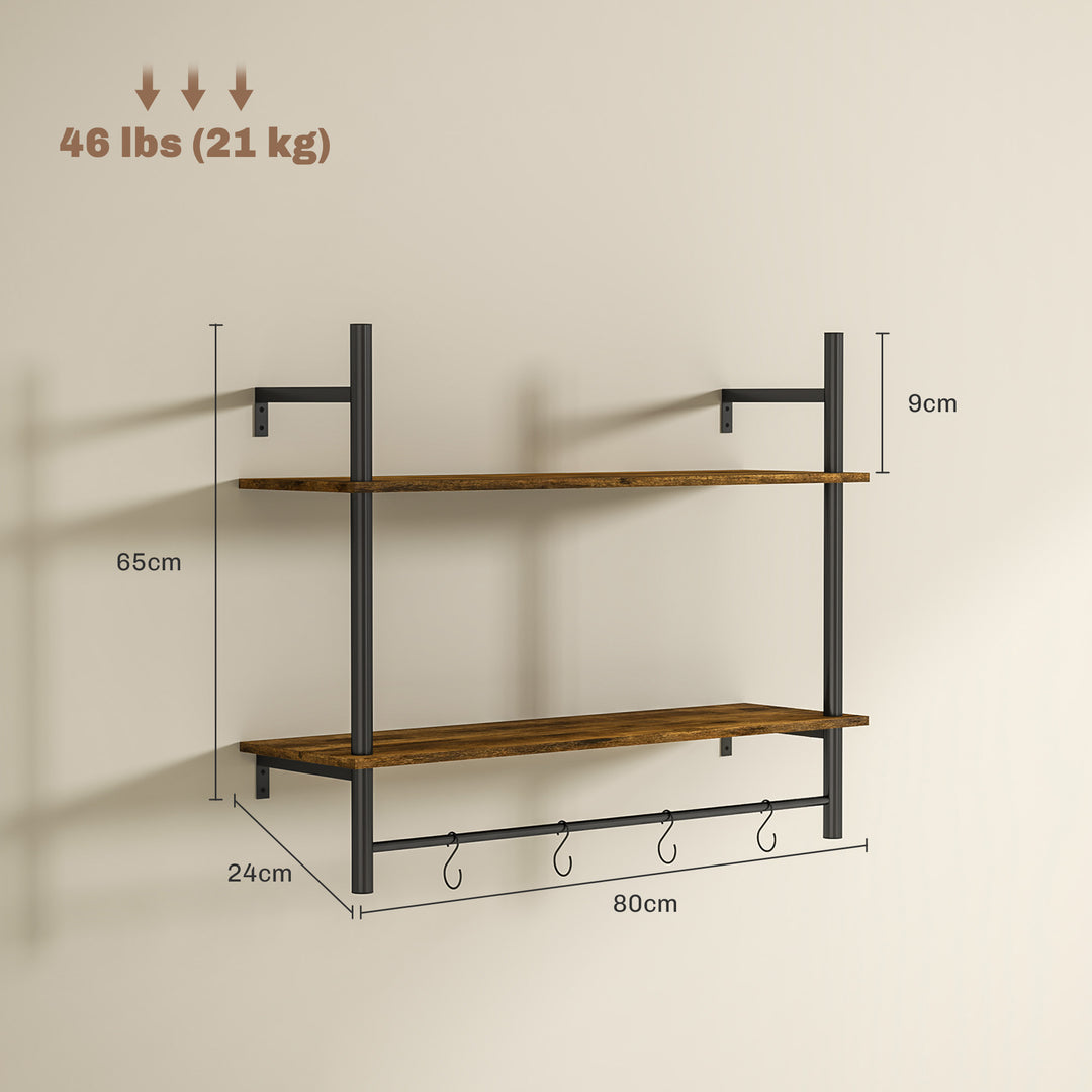 Wall Mounted Floating Shelves with 4 Hooks, Rustic Wall Shelf Unit for Living Room, Entryway, Rustic Brown