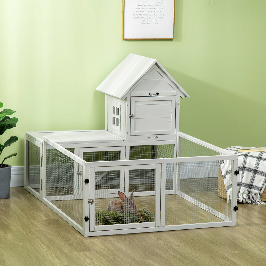 Indoor Rabbit Hutch, Guinea Pig Cage, with Slide-Out Tray, Large Fenced Area - Light Grey
