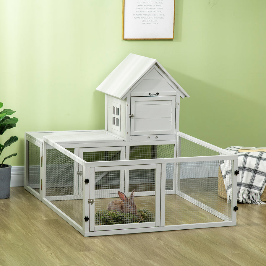 Indoor Rabbit Hutch, Guinea Pig Cage, with Slide-Out Tray, Large Fenced Area - Light Grey