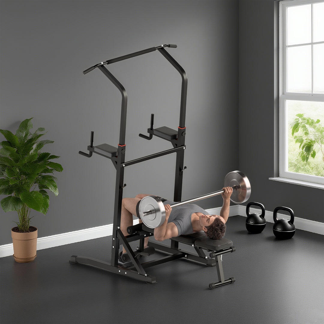 MCL Pull Up Station with Adjustable Weight Bench, Dip Station and Barbell Rack, Multi-Function Power Tower Free Standing Pull Up Bar for Home Gym