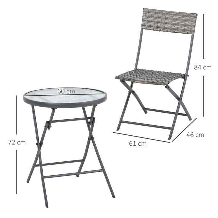 MCL 3 Pieces Rattan Bistro Set, Wicker Folding Garden Furniture Set with Glass Top Coffee Table and Chairs for Outdoor, Patio, Balcony, Grey