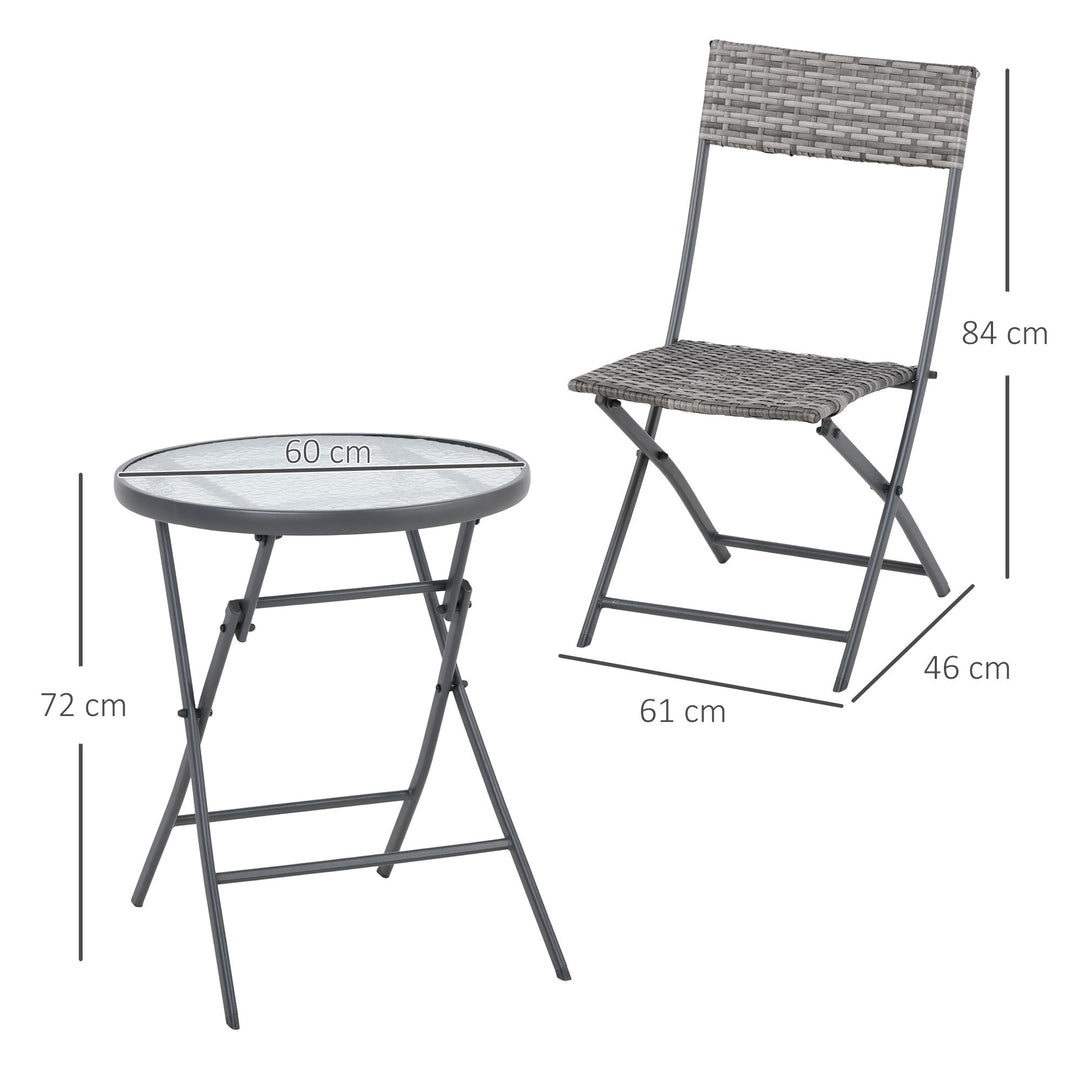 3 Pieces Rattan Bistro Set, Wicker Folding Garden Furniture Set with Glass Top Coffee Table and Chairs for Outdoor, Patio, Balcony, Grey