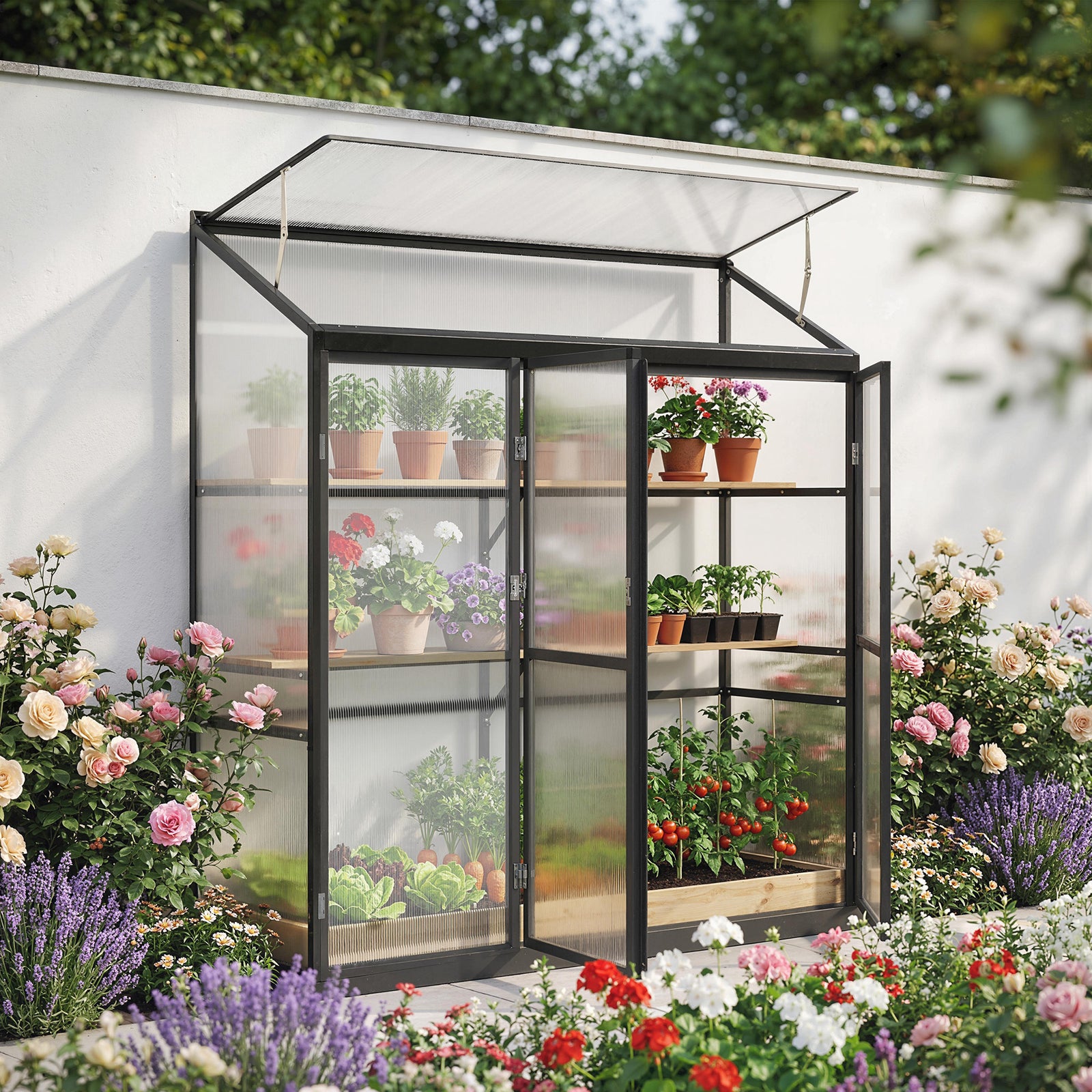 Polycarbonate Greenhouse with 3 Hinged Doors, Top Vent, Lean-to Green 