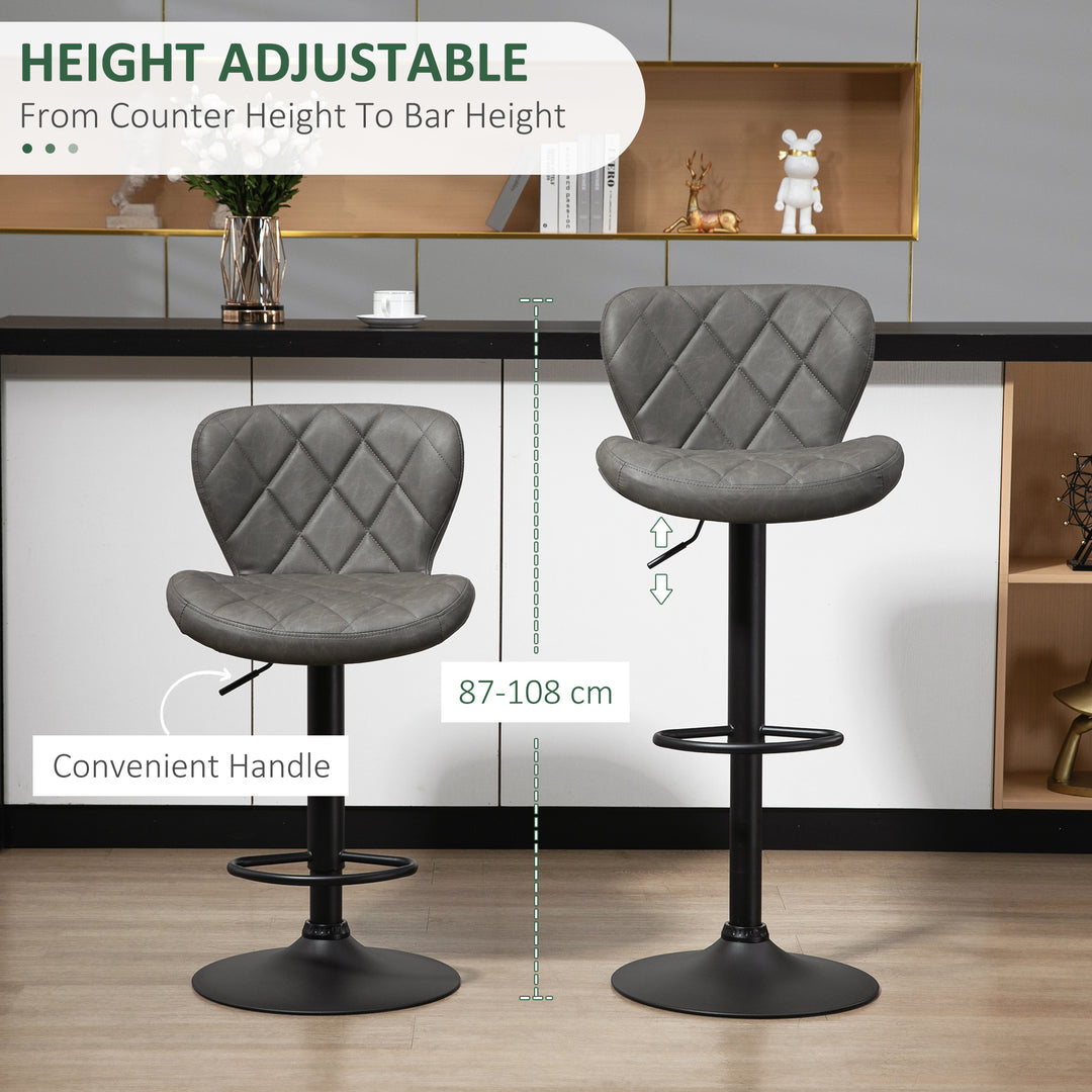 HOMCOM Adjustable Height Bar Stools Set of 2, Swivel Barstools w/ Backrest, Footrest, Steel Frame Diamond Pattern PU, Kitchen, Dark Grey | Aosom UK