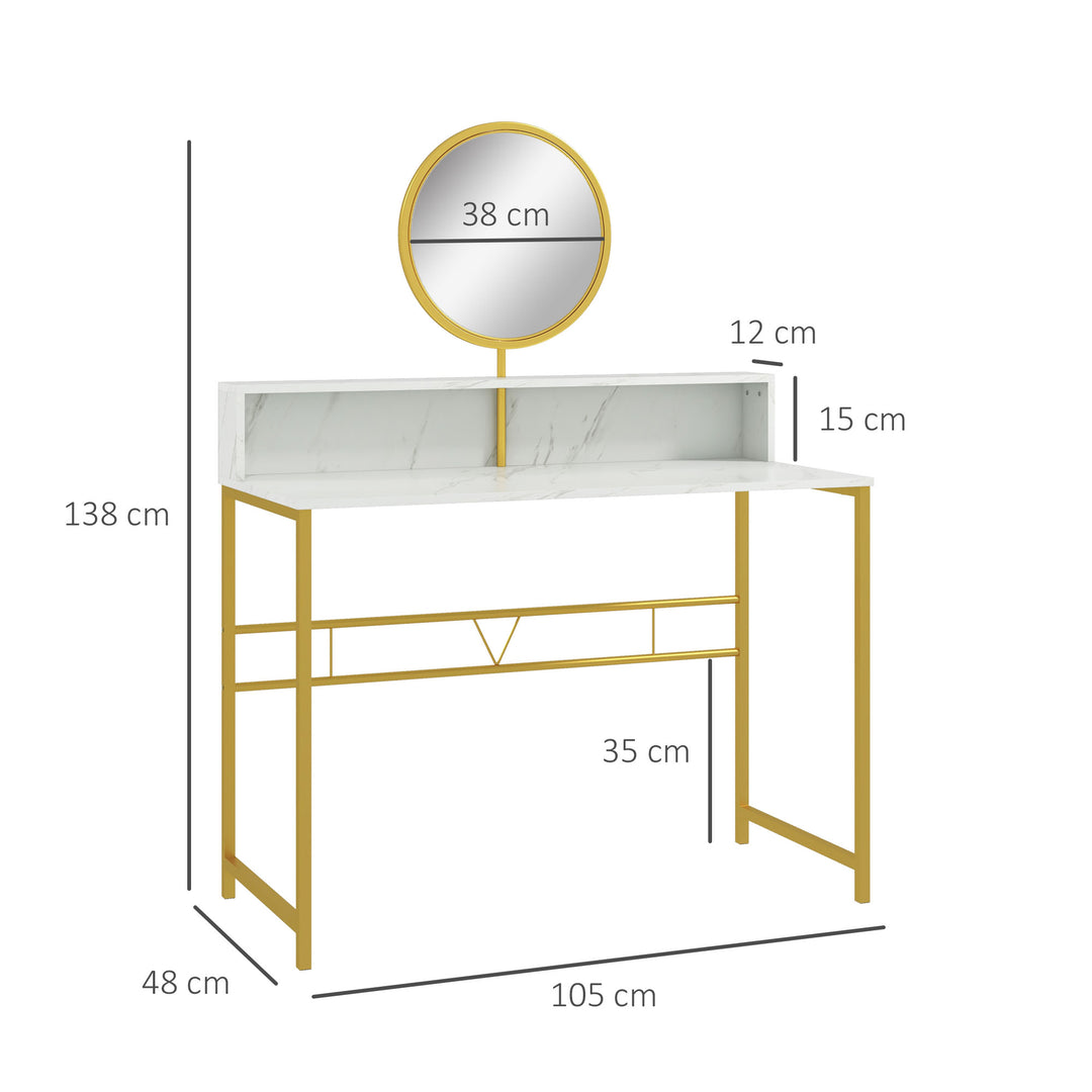 HOMCOM Vanity Dressing Table with Round Mirror, Modern Makeup Desk with Open Storage, Faux Marble & Steel Frame for Bedroom, White | Aosom UK