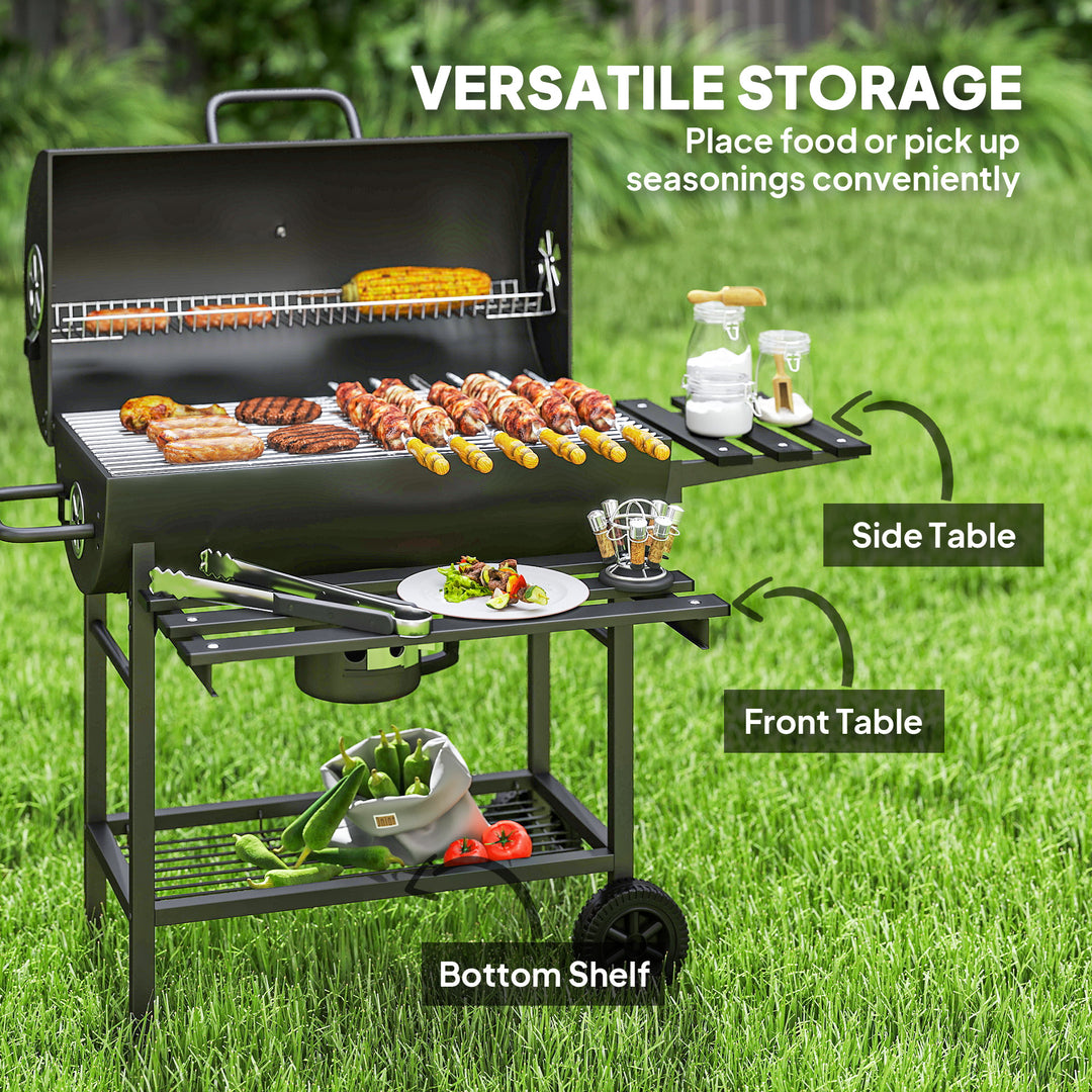 Charcoal BBQ Grill with Foldable Front Side Shelf, Portable Barbecue Smoker with Warming Rack, Bottom Shelf, Lid, Temperature Gauge, Wheels for Outdoor Cooking Garden Party, Black
