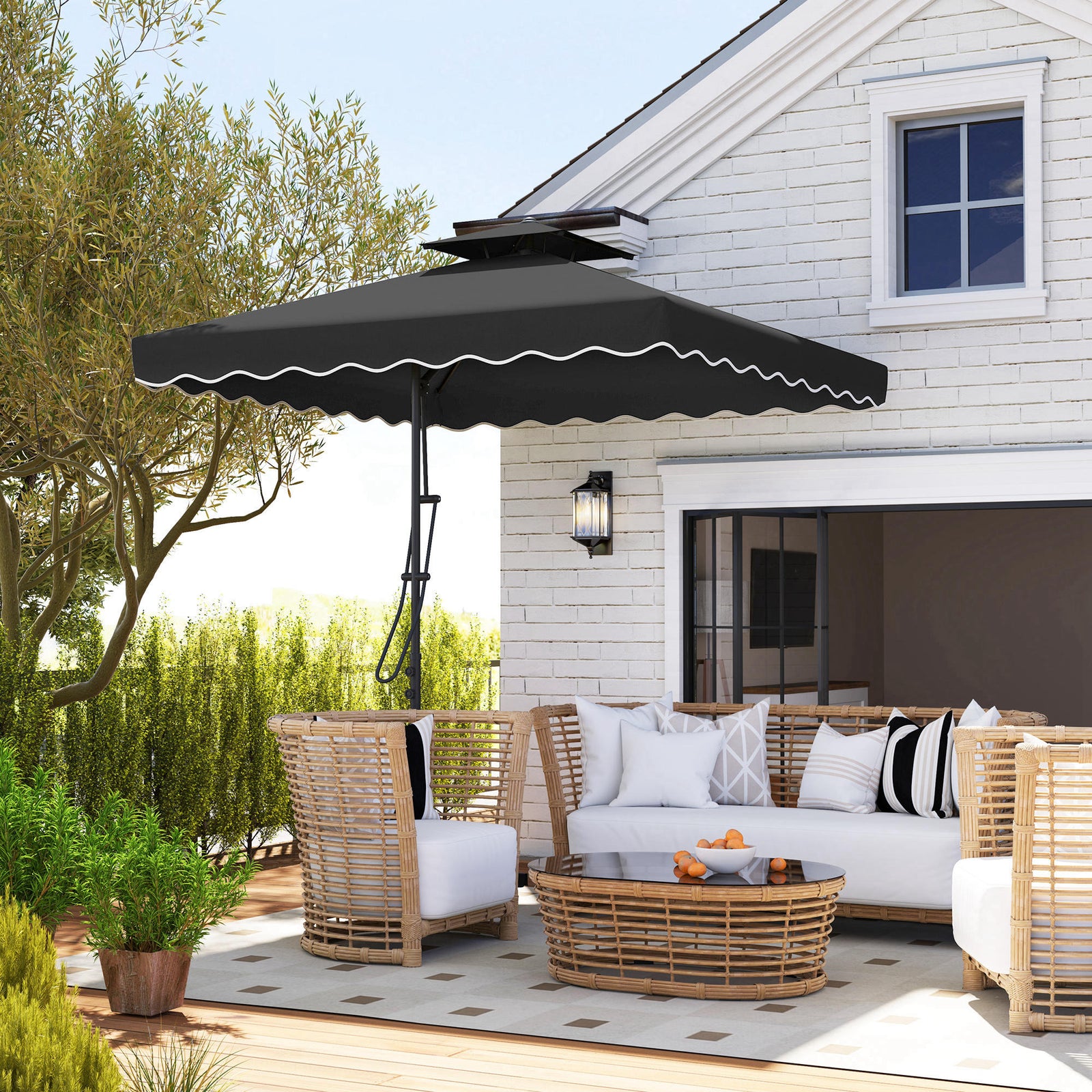 2.5m Cantilever Parasol with Easy Lever, Square Double Top Garden Parasol Umbrella with Ruffles and Cross Base, Overhanging Outdoor Sun Shades, Black
