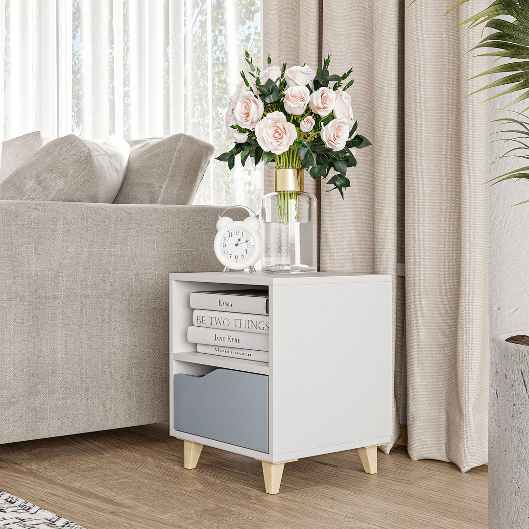 MCL Modern Bedside Table, Side End Table with Shelf, Drawer and Wood Legs, 36.8cmx33cmx43.8cm, White and Grey