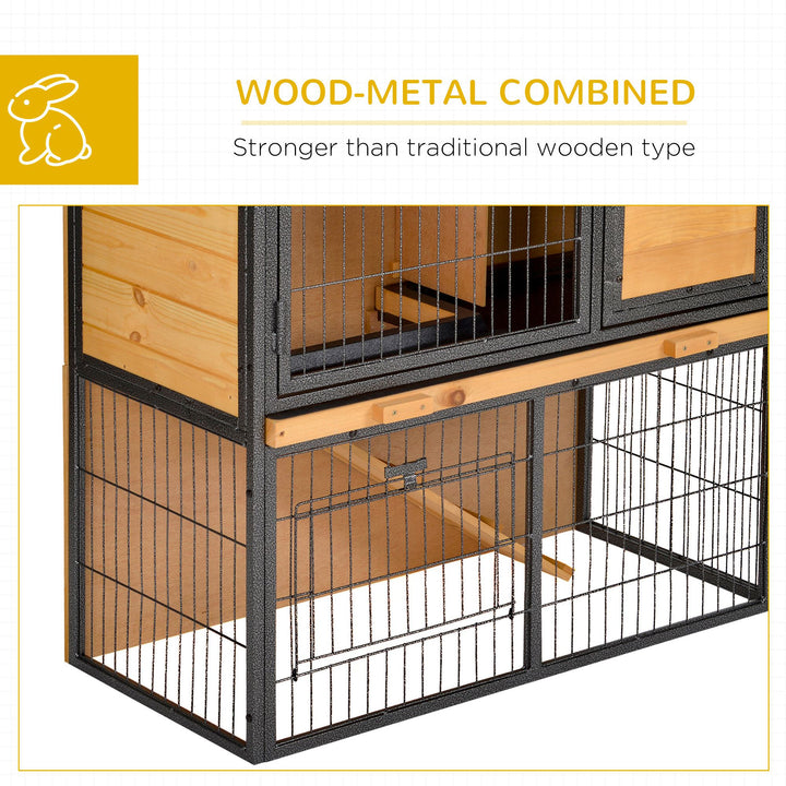 Guinea Pig Hutch Rabbit Hutch Wood-metal Elevated Pet House Bunny Cage with No-Leak Tray Ramp Openable Roof Outdoor 89.5 x 45 x 81cm Light Yellow