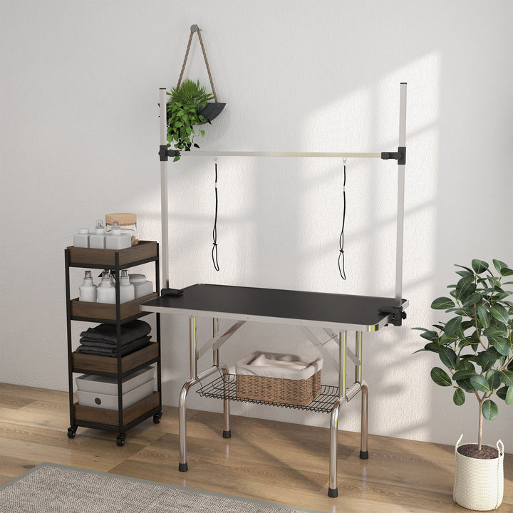 42" Dog Grooming Table, Adjustable Pet Cat Drying Beauty Table with 2 Loops Storage Basket, Rubber Top, Black