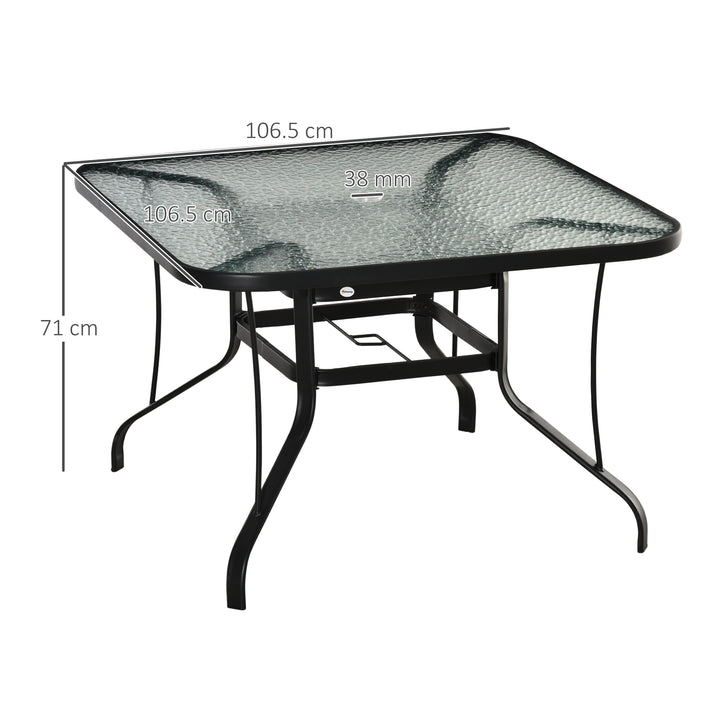 MCL Square Outdoor Garden Dining Table with Parasol Hole, Tempered Glass Top, Steel Frame for Garden, Lawn, Patio, Black