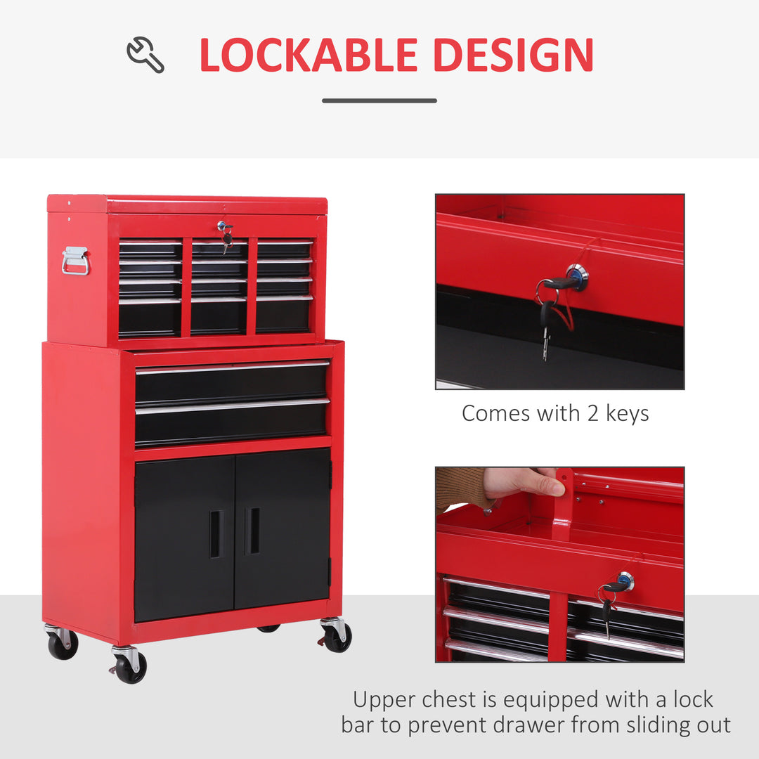 Tool Chest, Metal Tool Cabinet on Wheels with 6 Drawers, Pegboard, Top Chest and Roller Cabinet Combo, 61.6 x 33 x 108cm, Red and Black