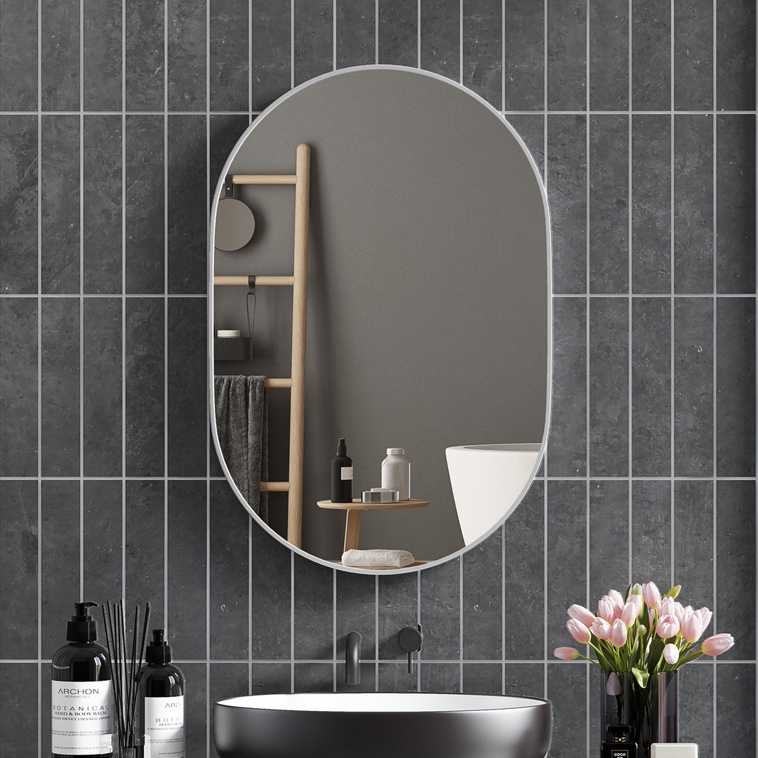 HOMCOM Oval Bathroom Mirror, Modern Wall-mounted Vanity Mirror with Aluminium Frame for Living Room, Entryways, Horizontal, 60 x 90cm,  | Aosom UK