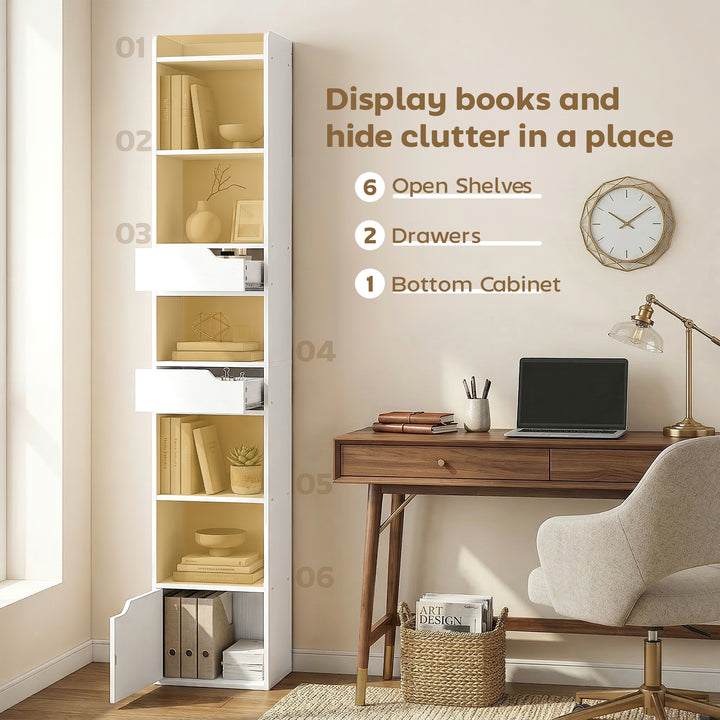 Bookcase Tall Narrow with 5 Tiers and Drawers Freestanding Bookshelf S