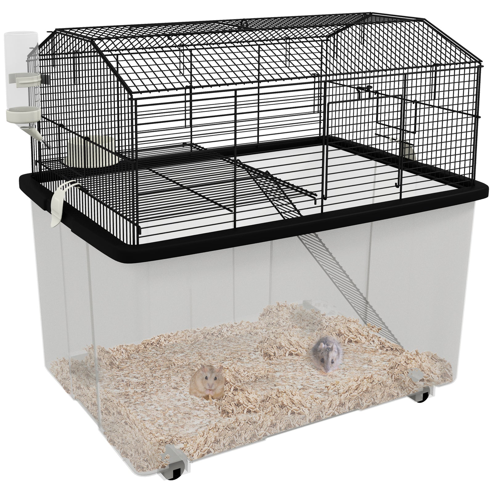 Two-Tier Gerbil Cage, Hamster Cage for Dwarf Hamster, Syrian Hamster w/ Wheels, Deep Bottom, Food Dish, Water Bottle