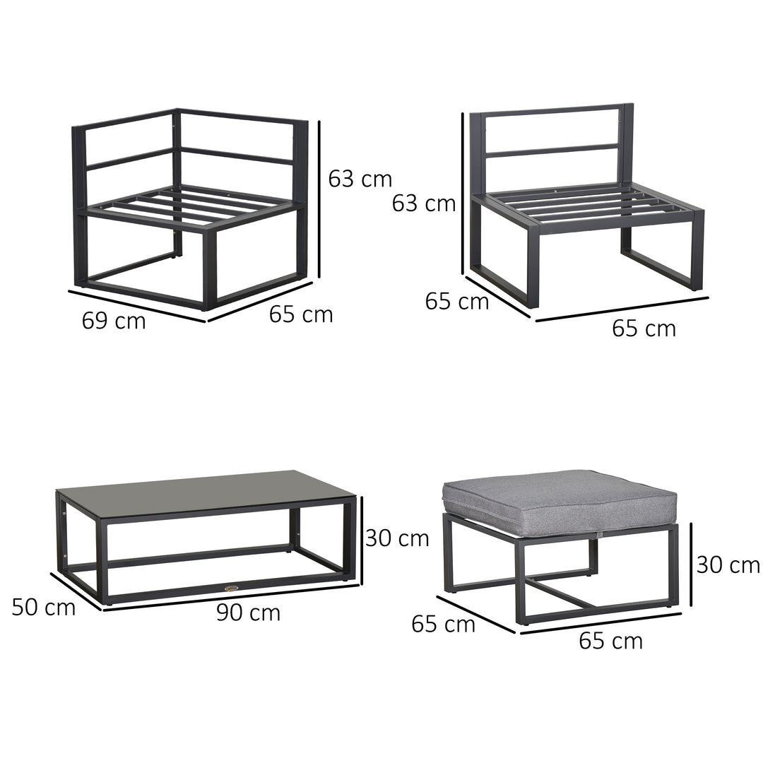 5 Pieces Outdoor Patio Furniture Set, Sofa Couch with Glass Coffee Table, Cushioned Chairs and Aluminum Tube, for Balcony Garden Backyard, Grey