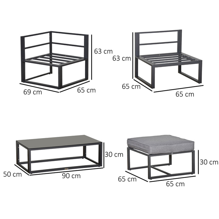 5 Pieces Outdoor Patio Furniture Set, Sofa Couch with Glass Coffee Table, Cushioned Chairs and Aluminum Tube, for Balcony Garden Backyard, Grey