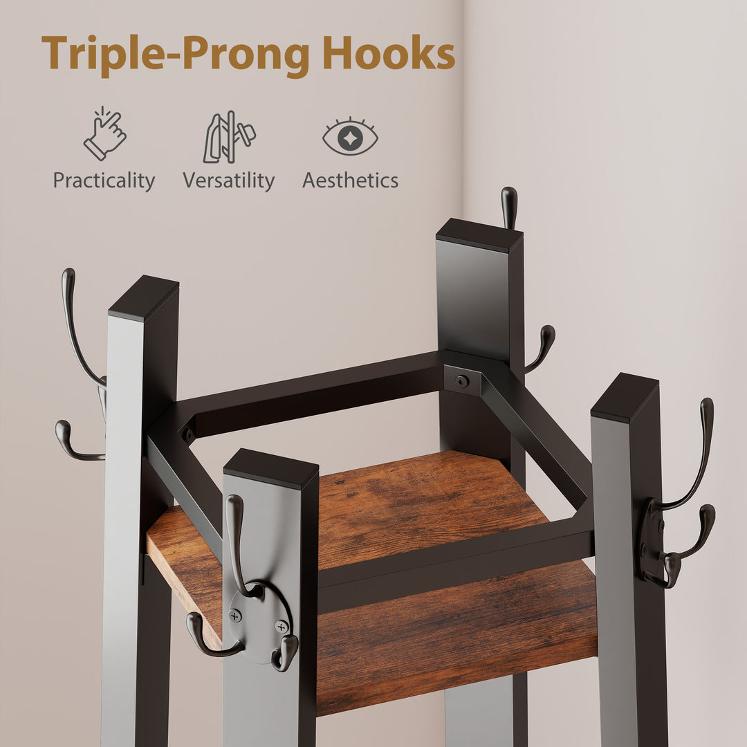 Industrial Coat Stand with 8 Hooks and 4 Shelves - Rustic Brown