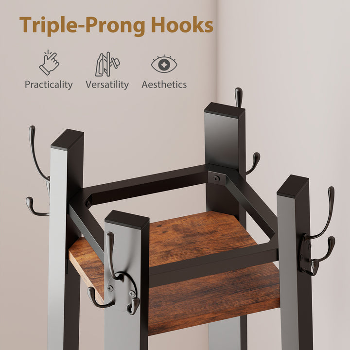 Industrial Coat Stand with 8 Hooks and 4 Shelves - Rustic Brown