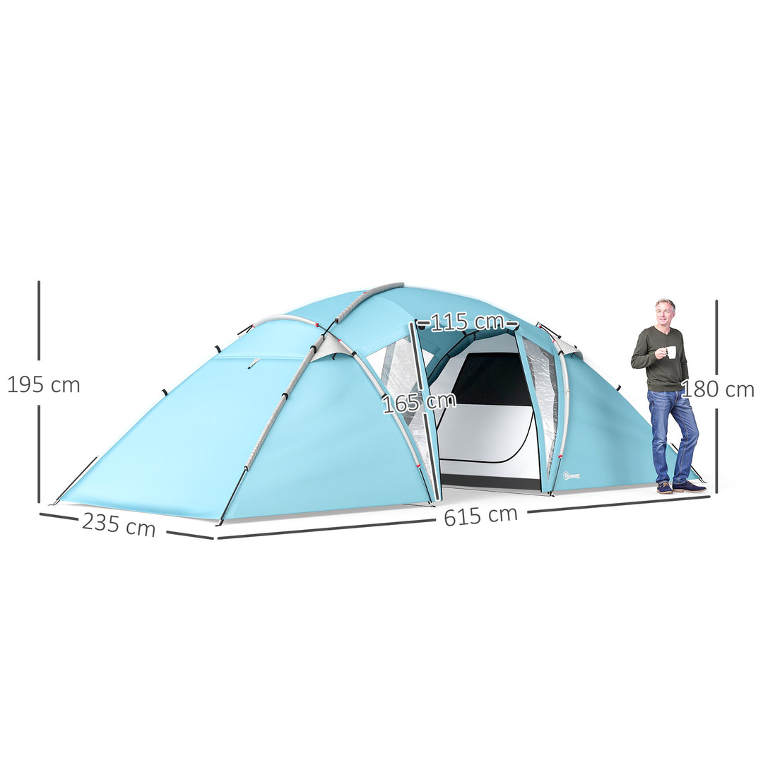 4-6 Man Family Camping Tent w/ 2 Bedrooms and a Living Room, Waterproof Tunnel Tent w/ Sewn In Groundsheet, Doors, Windows, Carry Bag, Blue