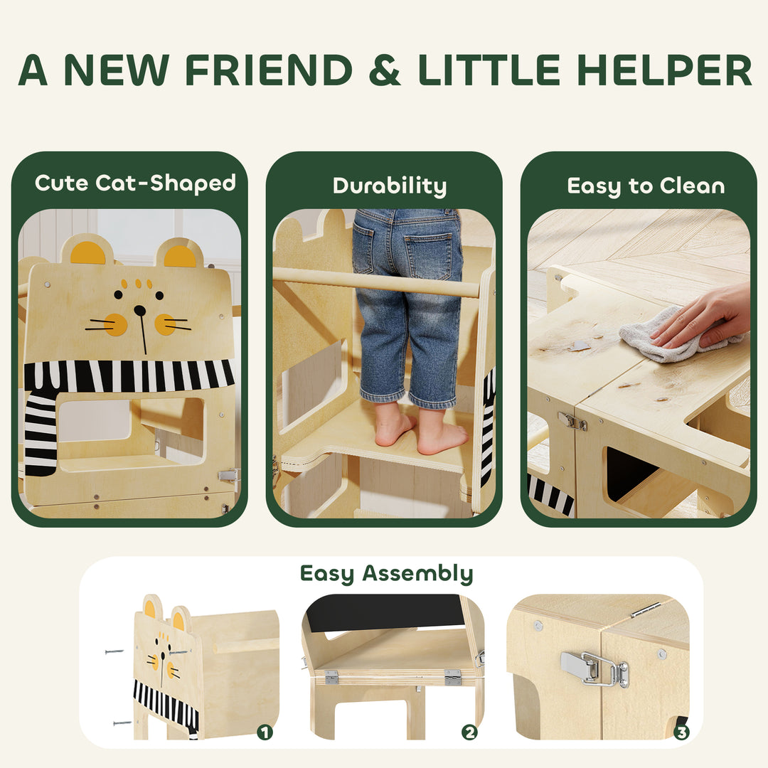 Toddler Step Stool, Standing Tower with Chalkboard, 3-in-1 Cat-Shaped Step Stool for Kitchen Counter