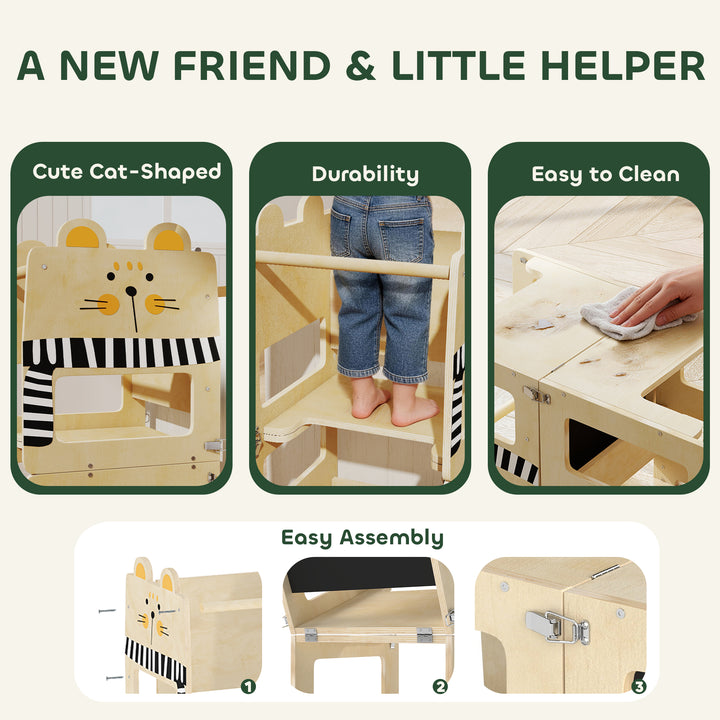 Toddler Step Stool, Standing Tower with Chalkboard, 3-in-1 Cat-Shaped Step Stool for Kitchen Counter