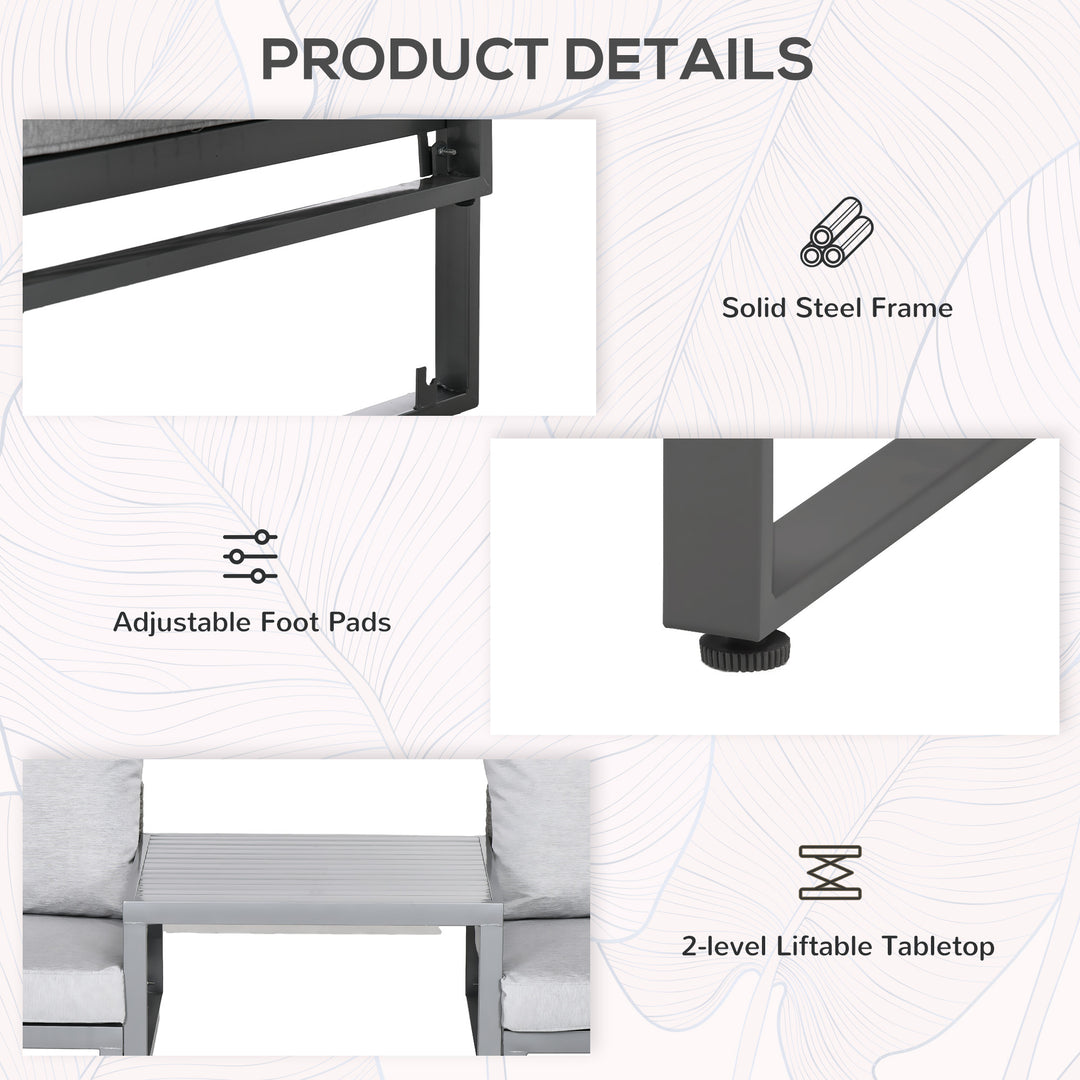 MCL 3-in-1 Rattan Bistro Set, Wicker Garden Furniture Set with 2-level Rising Table, Adjustable 3-seater Sofa Lounger with Washable Cushions for Outdoor, Patio, Balcony, Grey