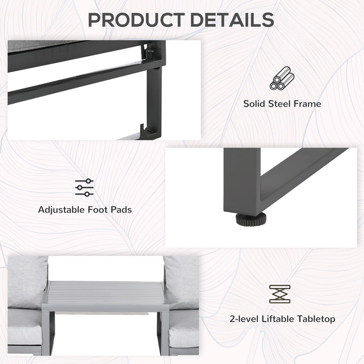 MCL 3-in-1 Rattan Bistro Set, Wicker Garden Furniture Set with 2-level Rising Table, Adjustable 3-seater Sofa Lounger with Washable Cushions for Outdoor, Patio, Balcony, Grey