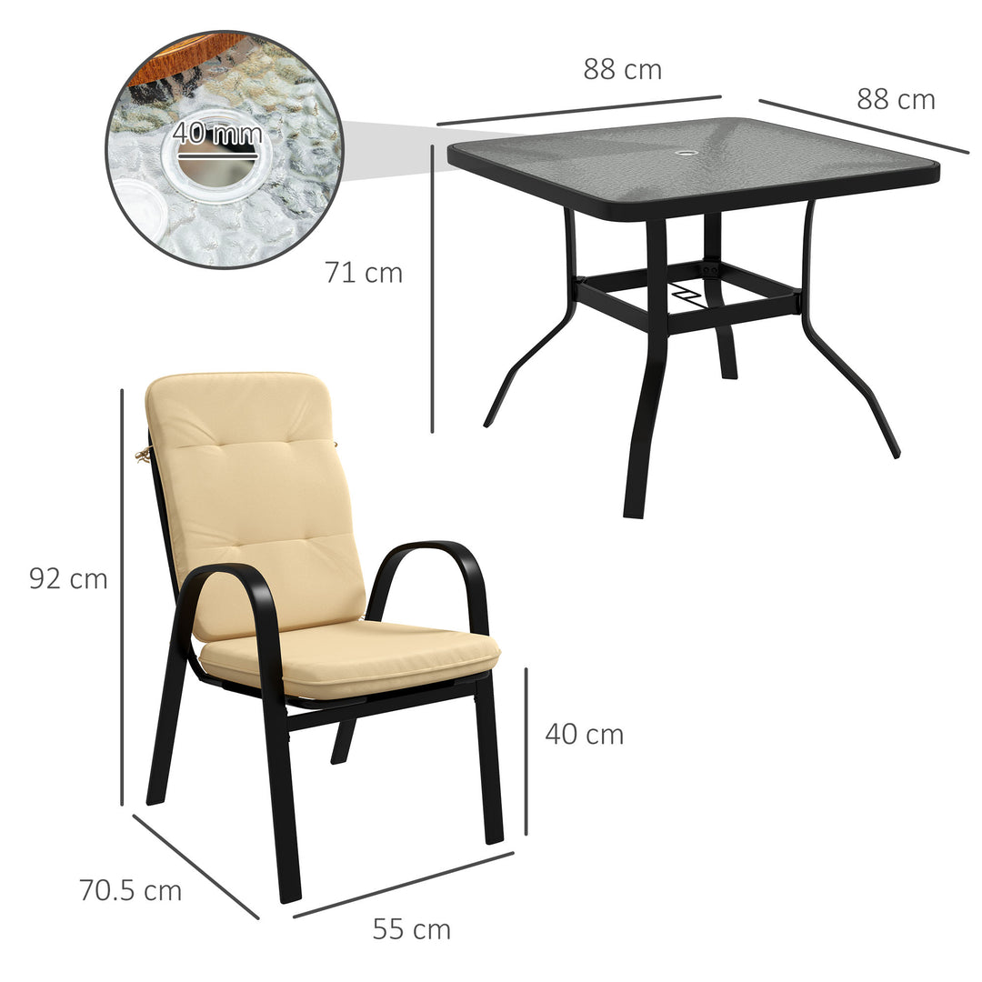 Outsunny 5 Pieces Outdoor Square Garden Dining Set w/ Tempered Glass Dining Table 4 Cushioned Armchairs, Umbrella Hole, Beige