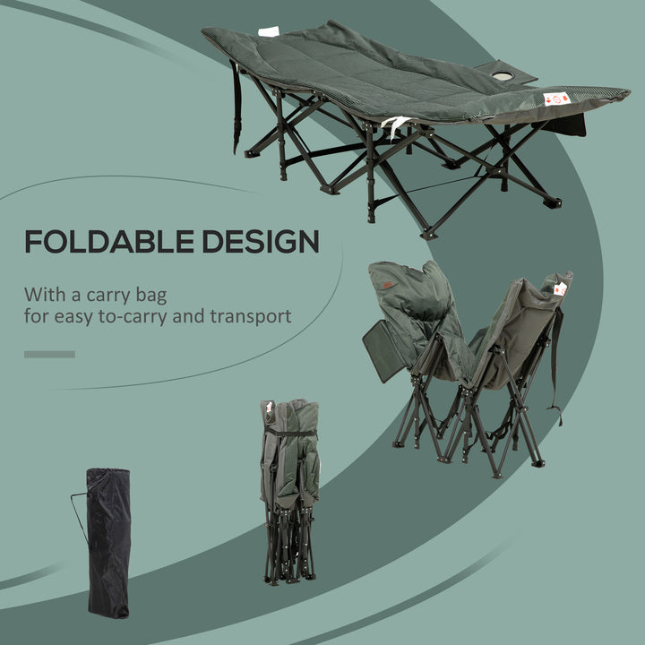 Foldable Camp Bed, Padded Patio Camping Bed with Carry Bag, Magazine Bag and Cup Holder for Outdoor, Garden, Grey