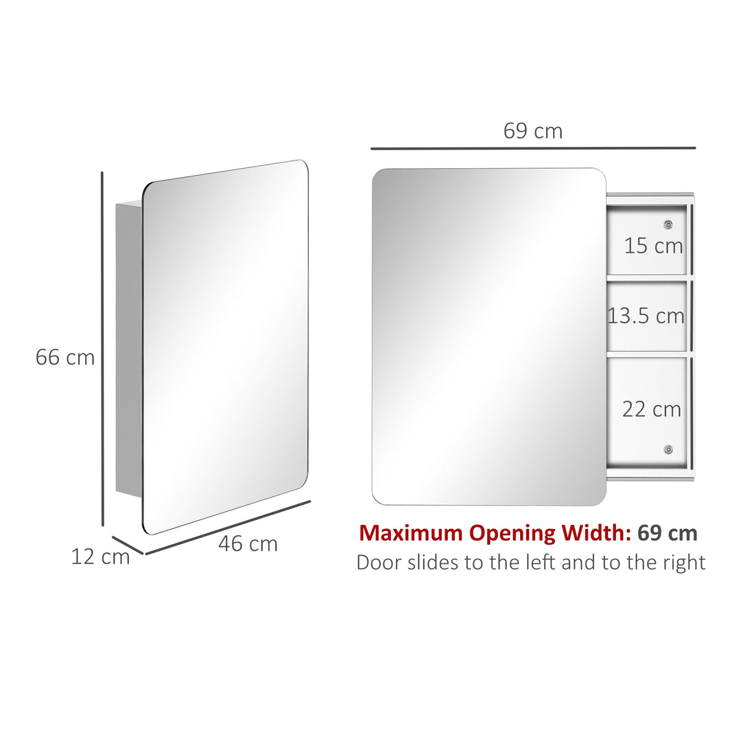 Bathroom Storage Cabinet w/Sliding Mirror Door, Wall Mounted Bathroom Cabinet with 3 Shelves, Stainless Steel Frame, 46W x 66H cm