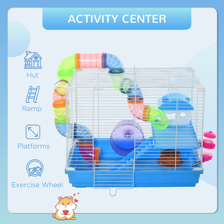 2 Tier Hamster Cage, Gerbil Cage with Handle, Exercise Wheels, Tunnel, Tube, Water Bottle, Dishes, Ladder, for Dwarf, Blue