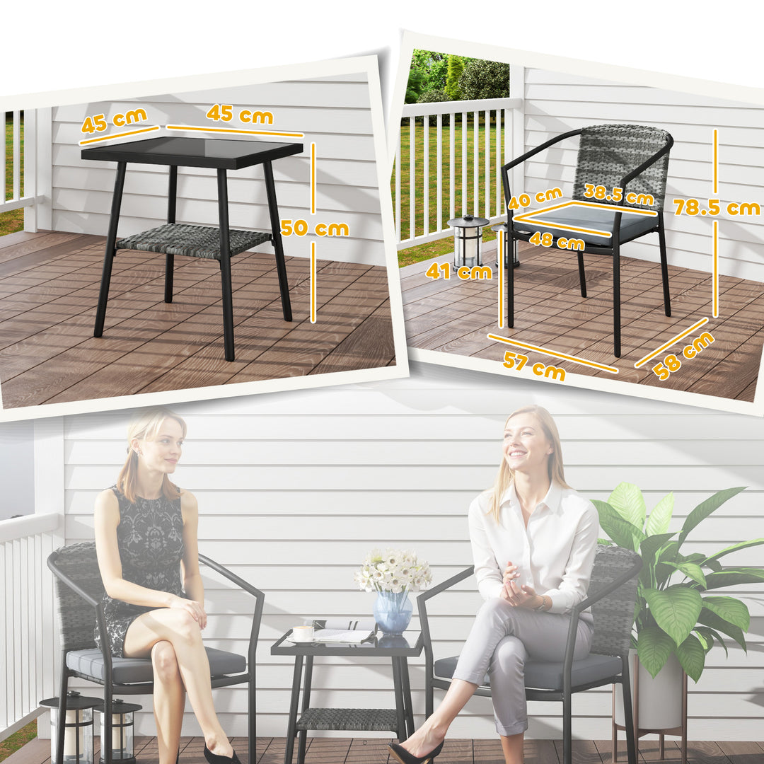 3 Pieces Rattan Bistro Set with Cushions, Wicker Garden Furniture Set, Glass Top Coffee Table and Chairs for Outdoor Patio, Balcony, Terrace and Conservatory, Grey