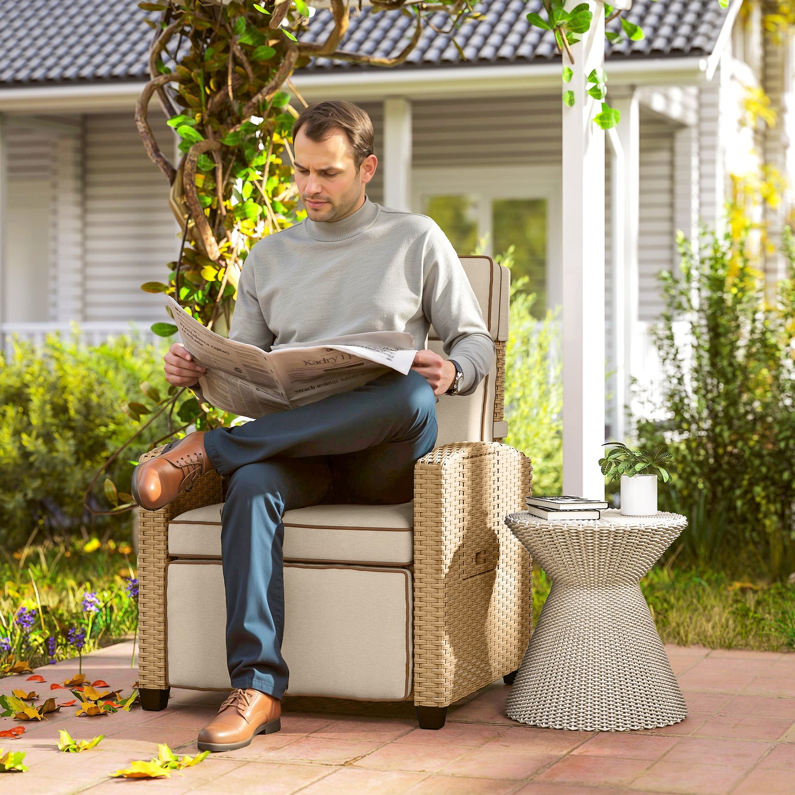 145° Reclining Rattan Armchair, with Footrest - Khaki/Beige
