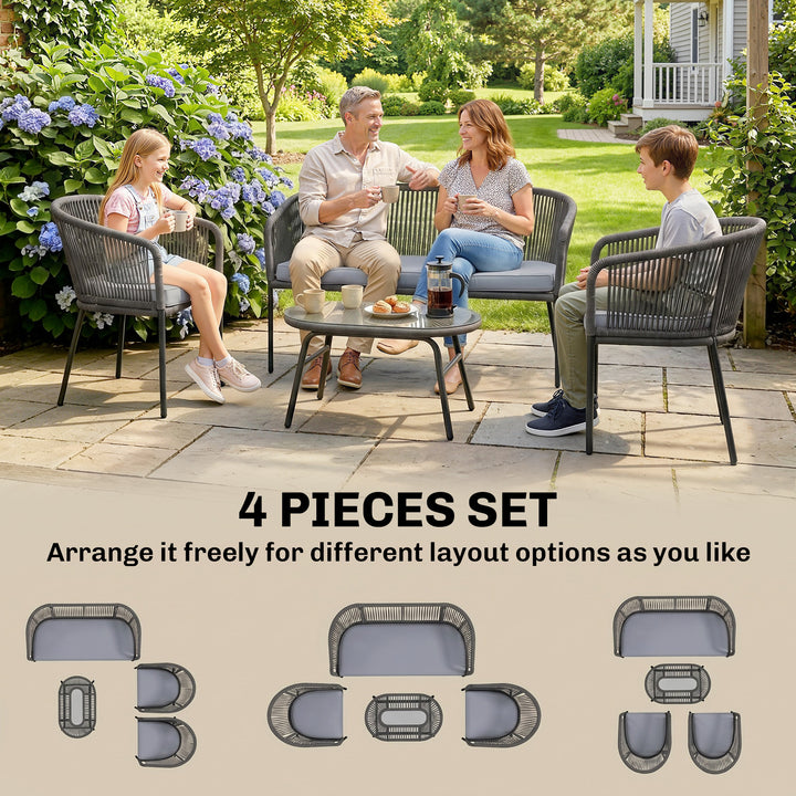 4 Piece Garden Furniture Set, Rope Garden Sofa Set with 1 Loveseat 2 C