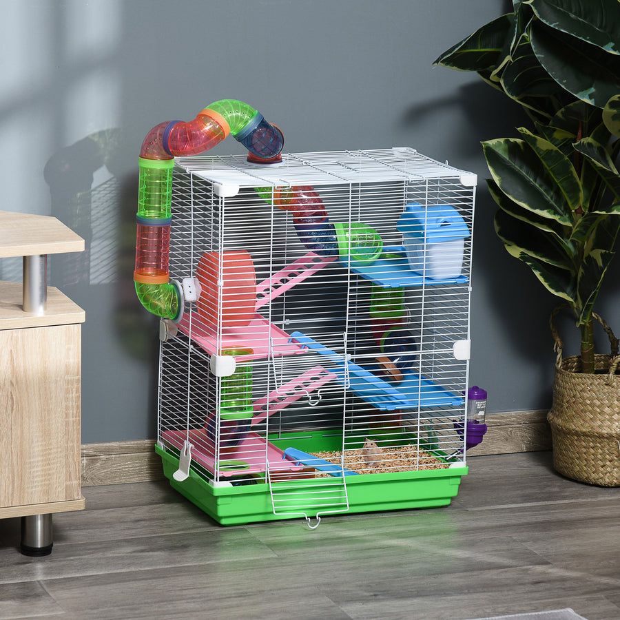 5 Tier Hamster Cage Carrier Habitat w/ Exercise Wheels, Tunnel, Green