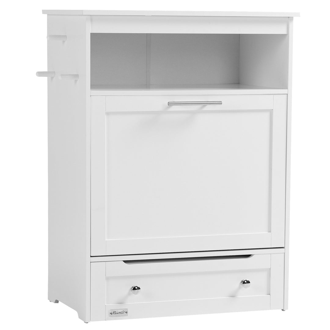 Pet Feeder Station, Dog, Cat Storage Container, with Raised Bowls, Hanger, Cabinet - White